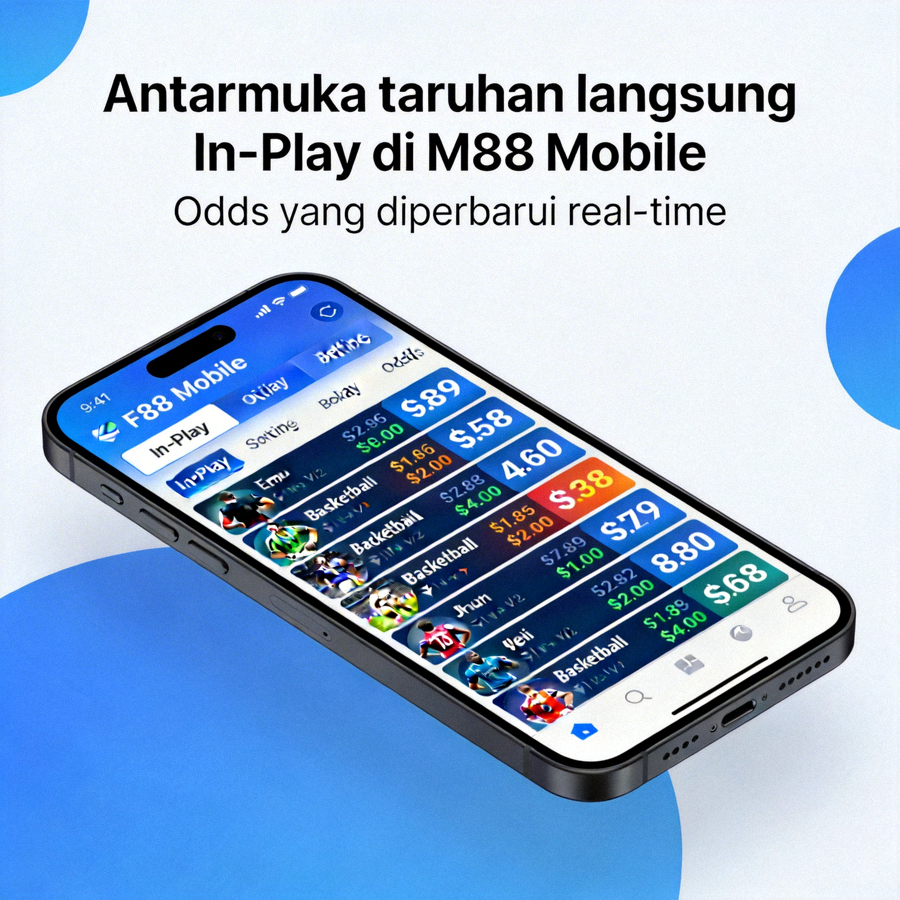 Antarmuka taruhan langsung In-Play di M88 Mobile dengan odds yang diperbarui real-time