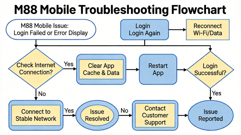 Diagram alur troubleshooting untuk masalah umum seperti login gagal atau tampilan error di M88 Mobile